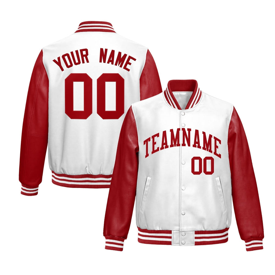 Custom White Red Raglan Sleeves Full-Snap Varsity Faux Leather Letterman Jacket | BuyFootballJersey