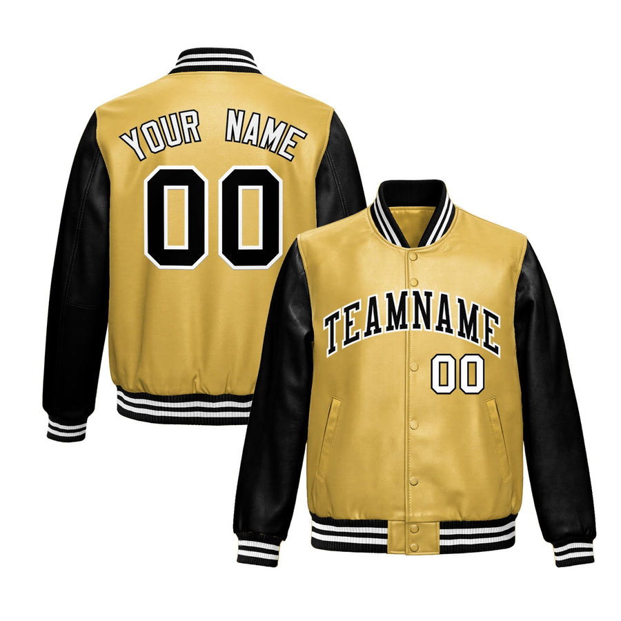 Custom Khaki Black Raglan Sleeves Full-Snap Varsity Faux Leather Letterman Jacket | BuyFootballJersey