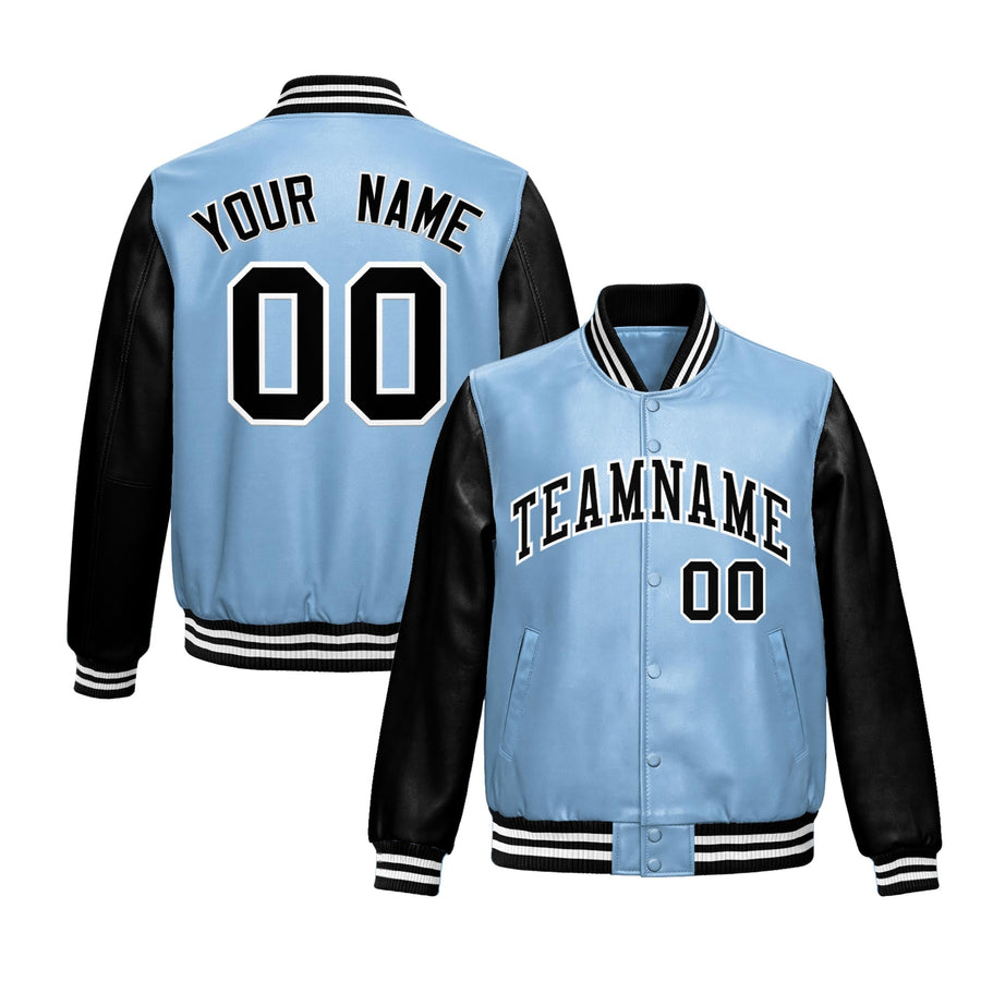 Custom Powder Blue Black Raglan Sleeves Full-Snap Varsity Faux Leather Letterman Jacket | BuyFootballJersey