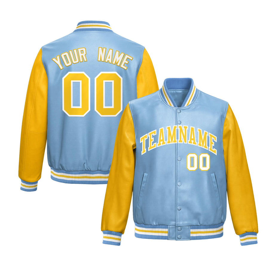 Custom Powder Blue Yellow Raglan Sleeves Full-Snap Varsity Faux Leather Letterman Jacket | BuyFootballJersey
