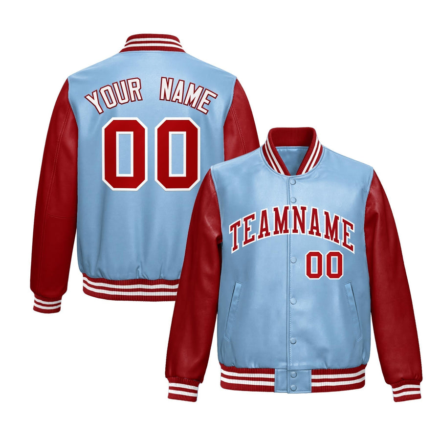 Custom Powder Blue Red Raglan Sleeves Full-Snap Varsity Faux Leather Letterman Jacket | BuyFootballJersey