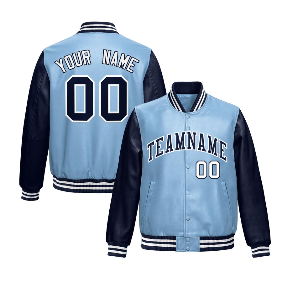 Custom Powder Blue Navy Raglan Sleeves Full-Snap Varsity Faux Leather Letterman Jacket | BuyFootballJersey