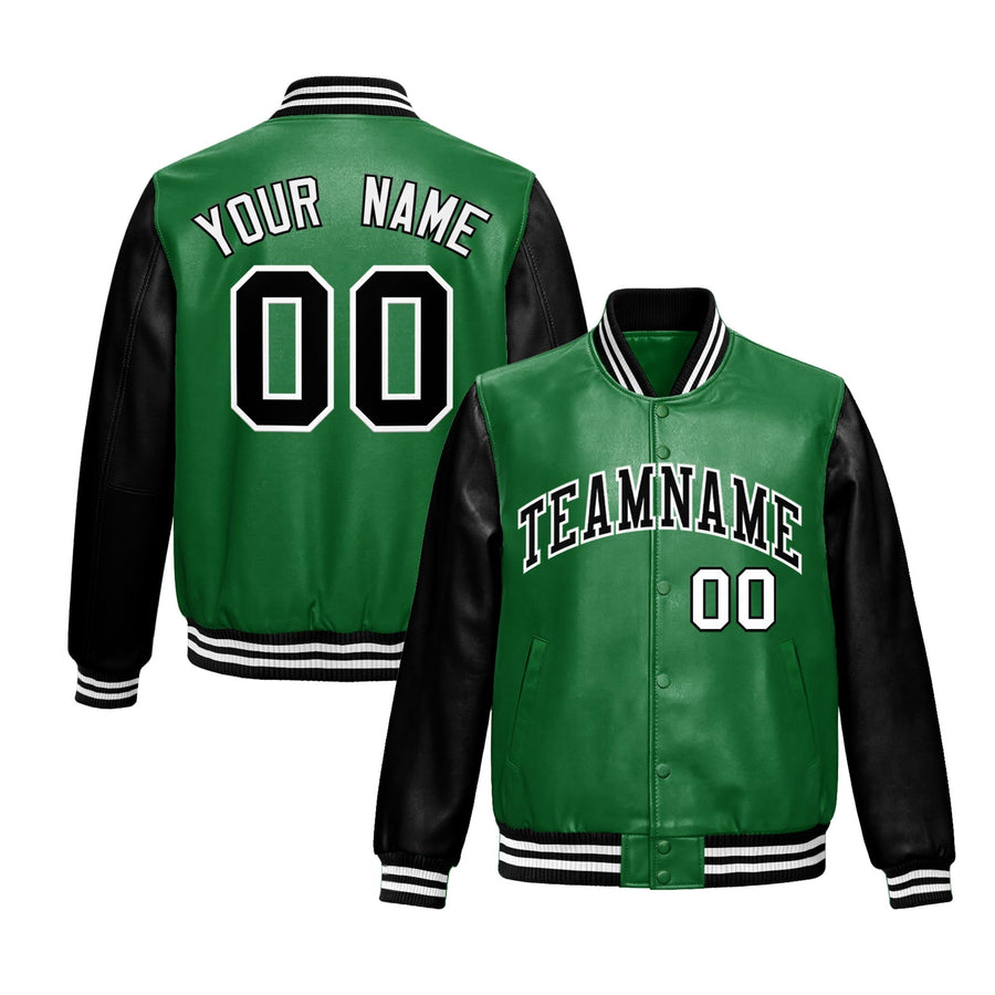Custom Kelly Green Black Raglan Sleeves Full-Snap Varsity Faux Leather Letterman Jacket | BuyFootballJersey