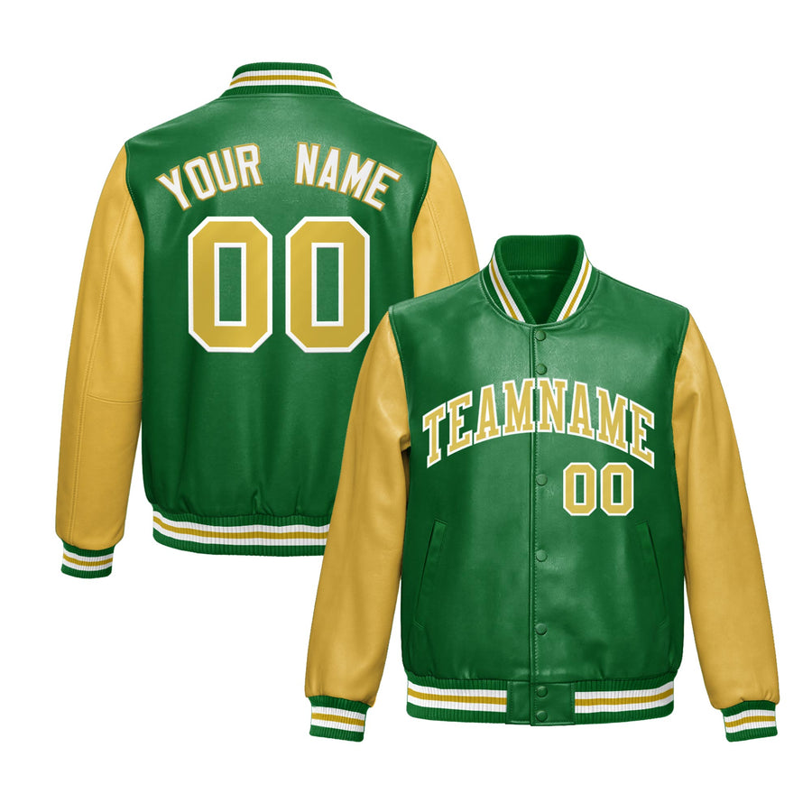 Custom Kelly Green Khaki Raglan Sleeves Full-Snap Varsity Faux Leather Letterman Jacket | BuyFootballJersey