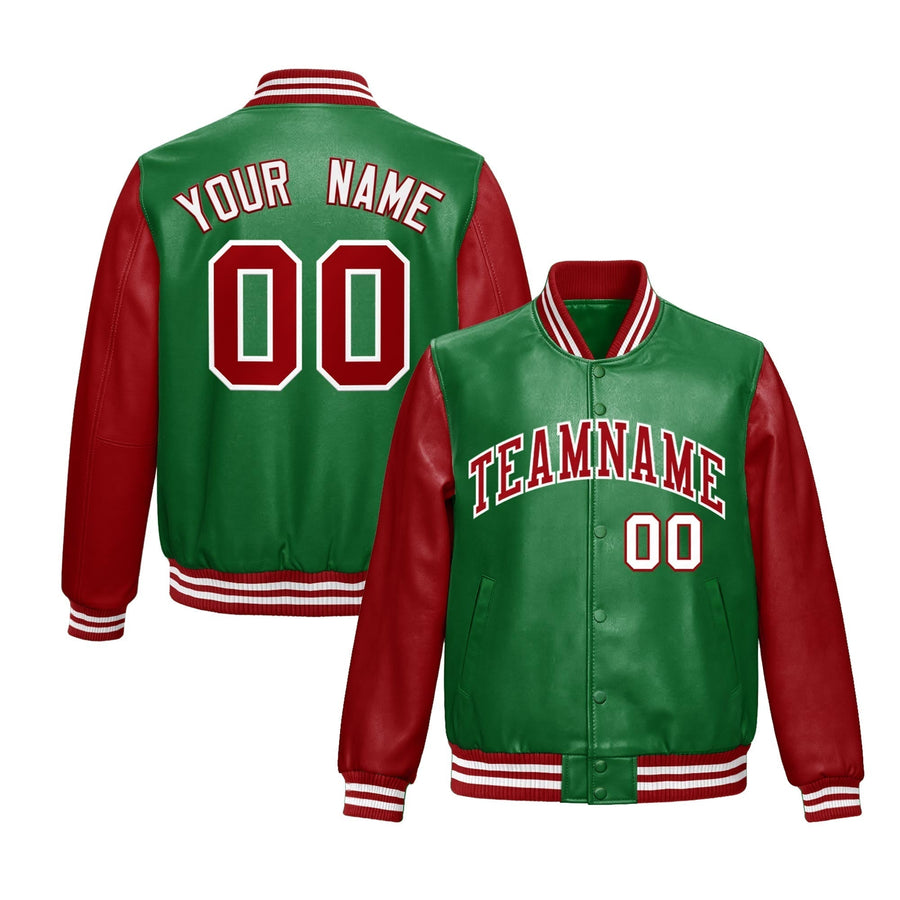 Custom Kelly Green Red Raglan Sleeves Full-Snap Varsity Faux Leather Letterman Jacket | BuyFootballJersey