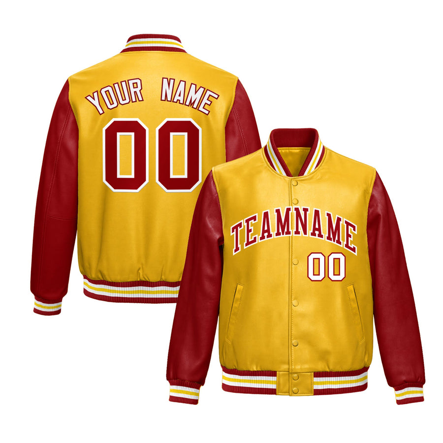 Custom Yellow Red Raglan Sleeves Full-Snap Varsity Faux Leather Letterman Jacket | BuyFootballJersey