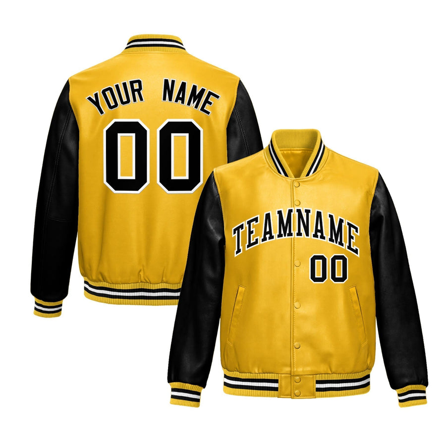 Custom Yellow Black Raglan Sleeves Full-Snap Varsity Faux Leather Letterman Jacket | BuyFootballJersey
