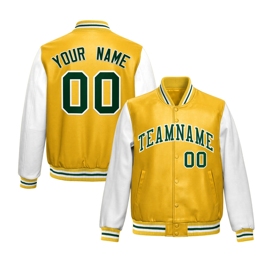 Custom Yellow White Raglan Sleeves Full-Snap Varsity Faux Leather Letterman Jacket | BuyFootballJersey