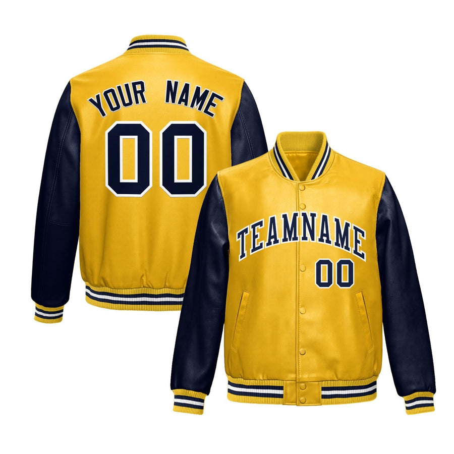 Custom Yellow Navy Raglan Sleeves Full-Snap Varsity Faux Leather Letterman Jacket | BuyFootballJersey