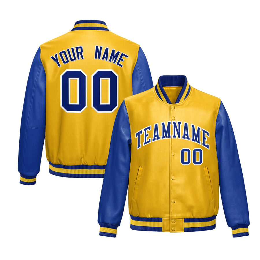 Custom Yellow Royal Blue Raglan Sleeves Full-Snap Varsity Faux Leather Letterman Jacket | BuyFootballJersey