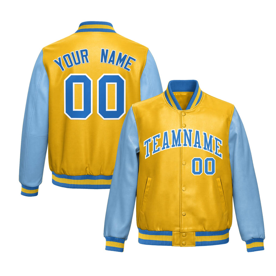 Custom Yellow Powder Blue Raglan Sleeves Full-Snap Varsity Faux Leather Letterman Jacket | BuyFootballJersey