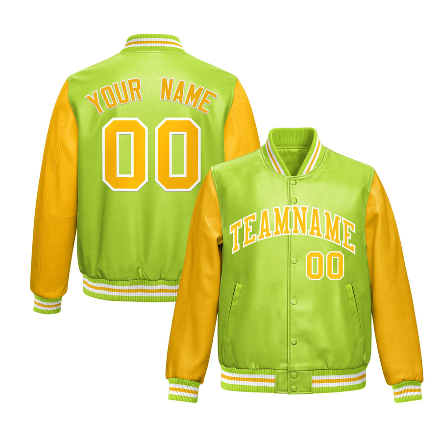 Custom Neon Green Yellow Raglan Sleeves Full-Snap Varsity Faux Leather Letterman Jacket | BuyFootballJersey
