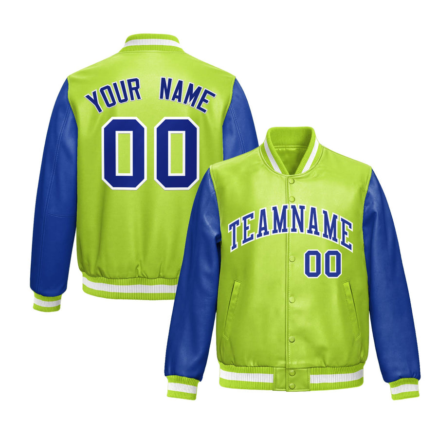 Custom Neon Green Royal Blue Raglan Sleeves Full-Snap Varsity Faux Leather Letterman Jacket | BuyFootballJersey