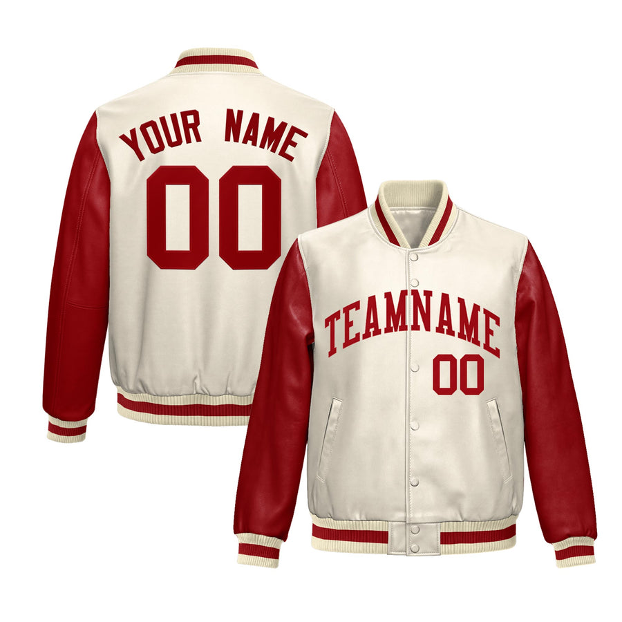 Custom Cream Red Raglan Sleeves Full-Snap Varsity Faux Leather Letterman Jacket | BuyFootballJersey