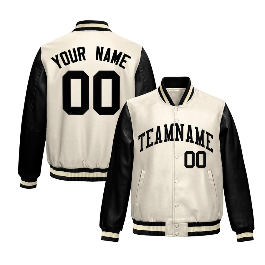 Custom Cream Black Raglan Sleeves Full-Snap Varsity Faux Leather Letterman Jacket | BuyFootballJersey