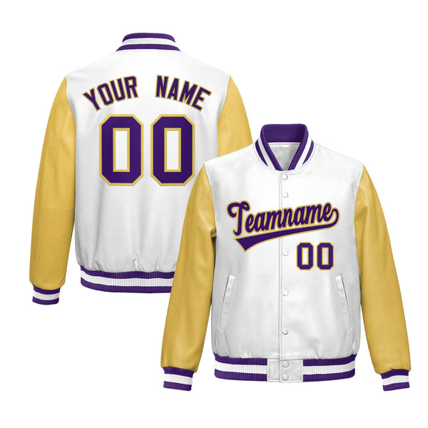 Custom White Khaki Raglan Sleeves Full-Snap Varsity Faux Leather Letterman Jacket | BuyFootballJersey