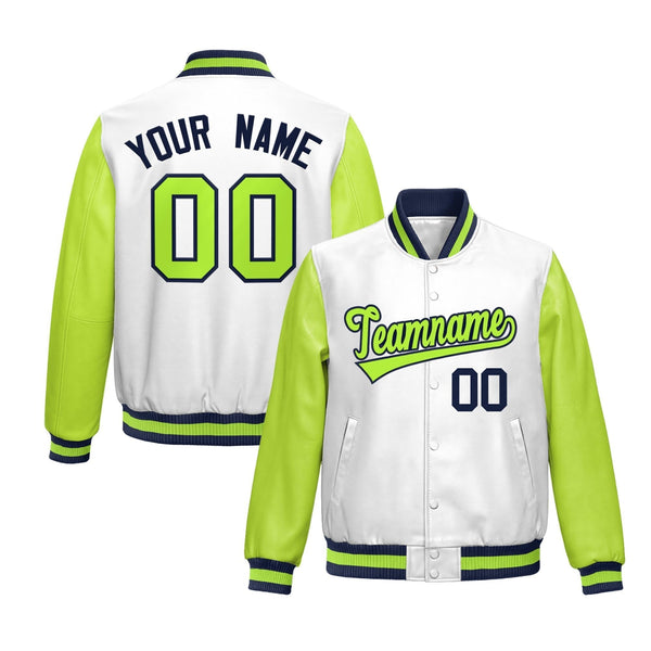 Custom White Neon Green Raglan Sleeves Full-Snap Varsity Faux Leather Letterman Jacket | BuyFootballJersey