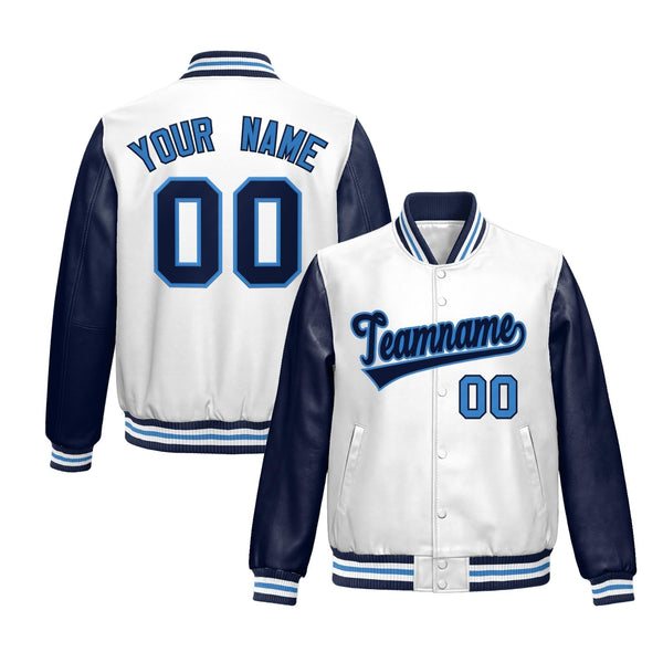Custom White Navy Raglan Sleeves Full-Snap Varsity Faux Leather Letterman Jacket | BuyFootballJersey
