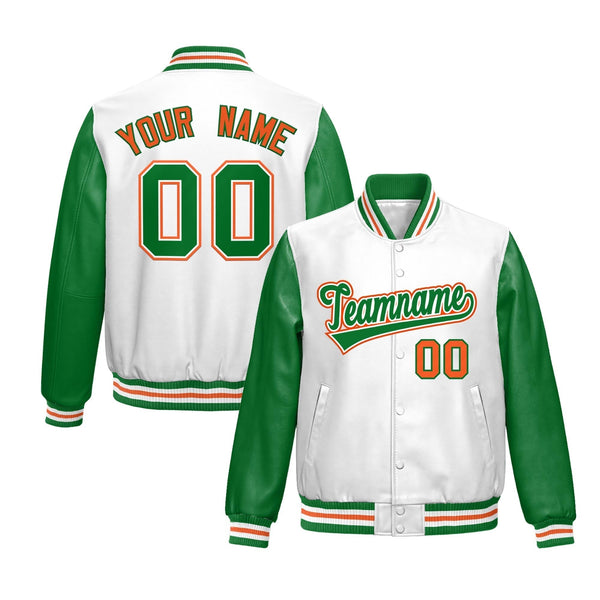 Custom White Kelly Green Raglan Sleeves Full-Snap Varsity Faux Leather Letterman Jacket | BuyFootballJersey