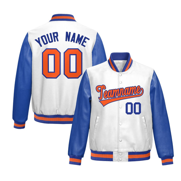 Custom White Royal Blue Raglan Sleeves Full-Snap Varsity Faux Leather Letterman Jacket | BuyFootballJersey