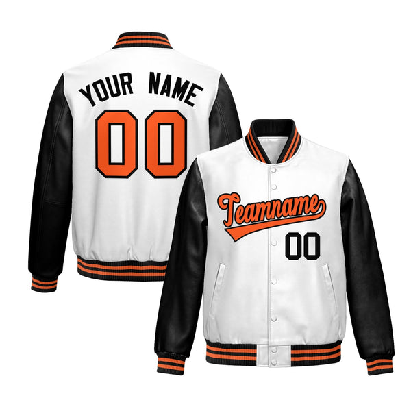 Custom White Black Raglan Sleeves Full-Snap Varsity Faux Leather Letterman Jacket | BuyFootballJersey