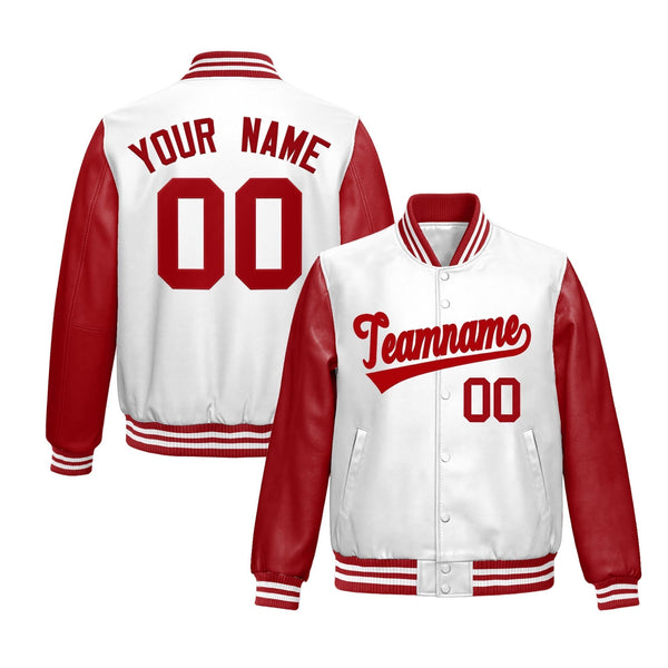 Custom White Red Raglan Sleeves Full-Snap Varsity Faux Leather Letterman Jacket | BuyFootballJersey