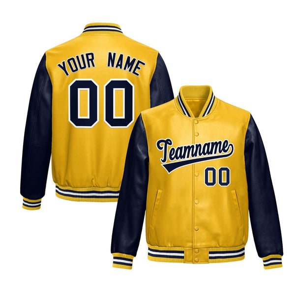 Custom Yellow Navy Raglan Sleeves Full-Snap Varsity Faux Leather Letterman Jacket | BuyFootballJersey