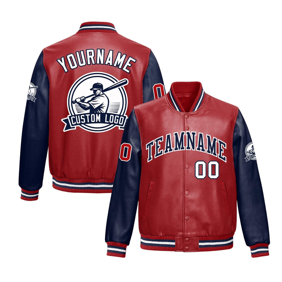 Custom Navy Red Raglan Sleeves Full-Snap Faux Leather Letterman Jacket | BuyFootballJersey