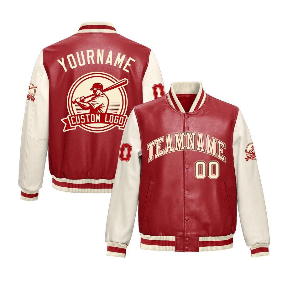 Custom Cream Red Raglan Sleeves Full-Snap Faux Leather Letterman Jacket | BuyFootballJersey