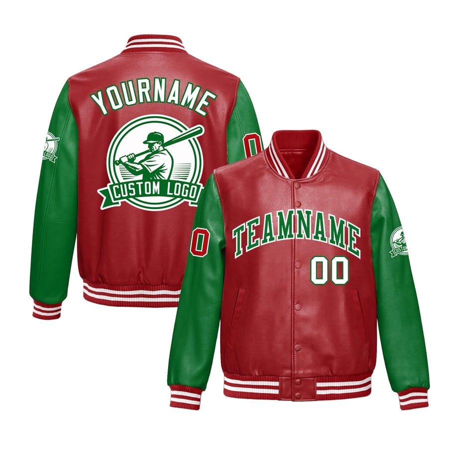 Custom Kelly Green Red Raglan Sleeves Full-Snap Faux Leather Letterman Jacket | BuyFootballJersey
