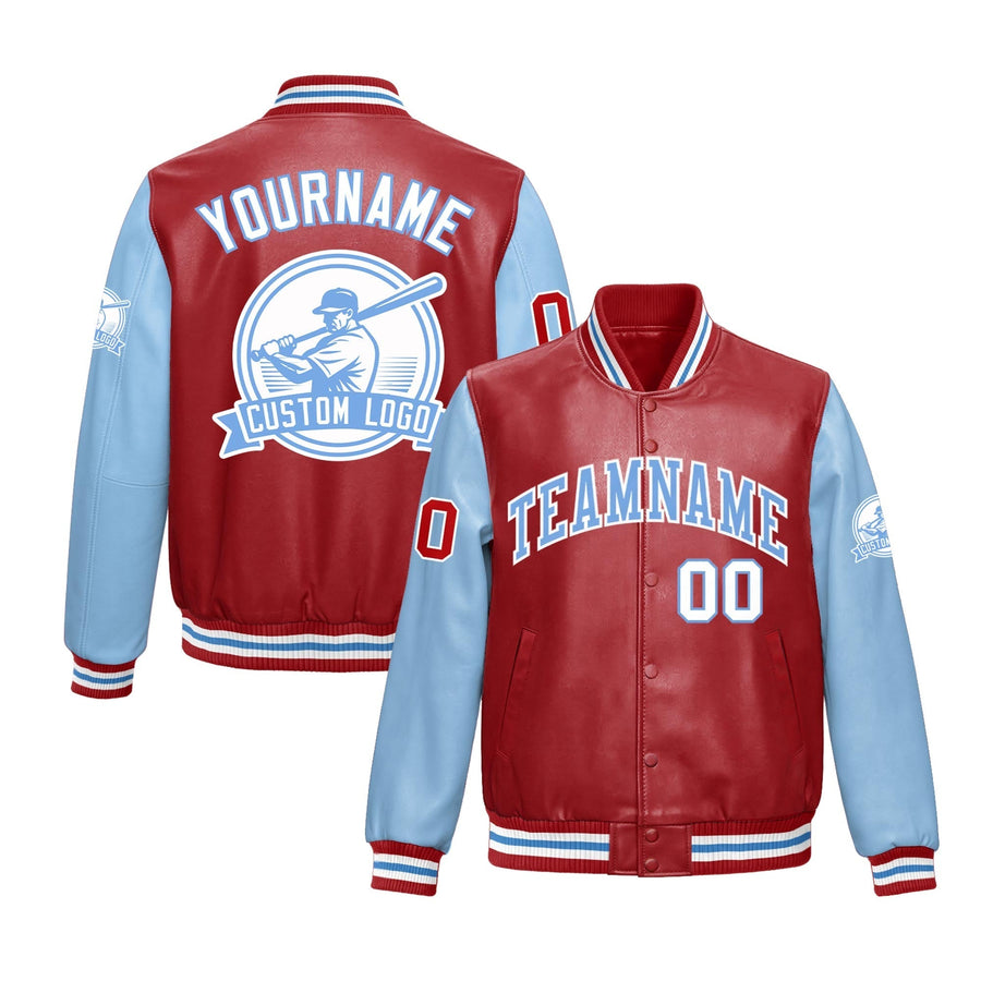 Custom Powder Blue Red Raglan Sleeves Full-Snap Faux Leather Letterman Jacket | BuyFootballJersey