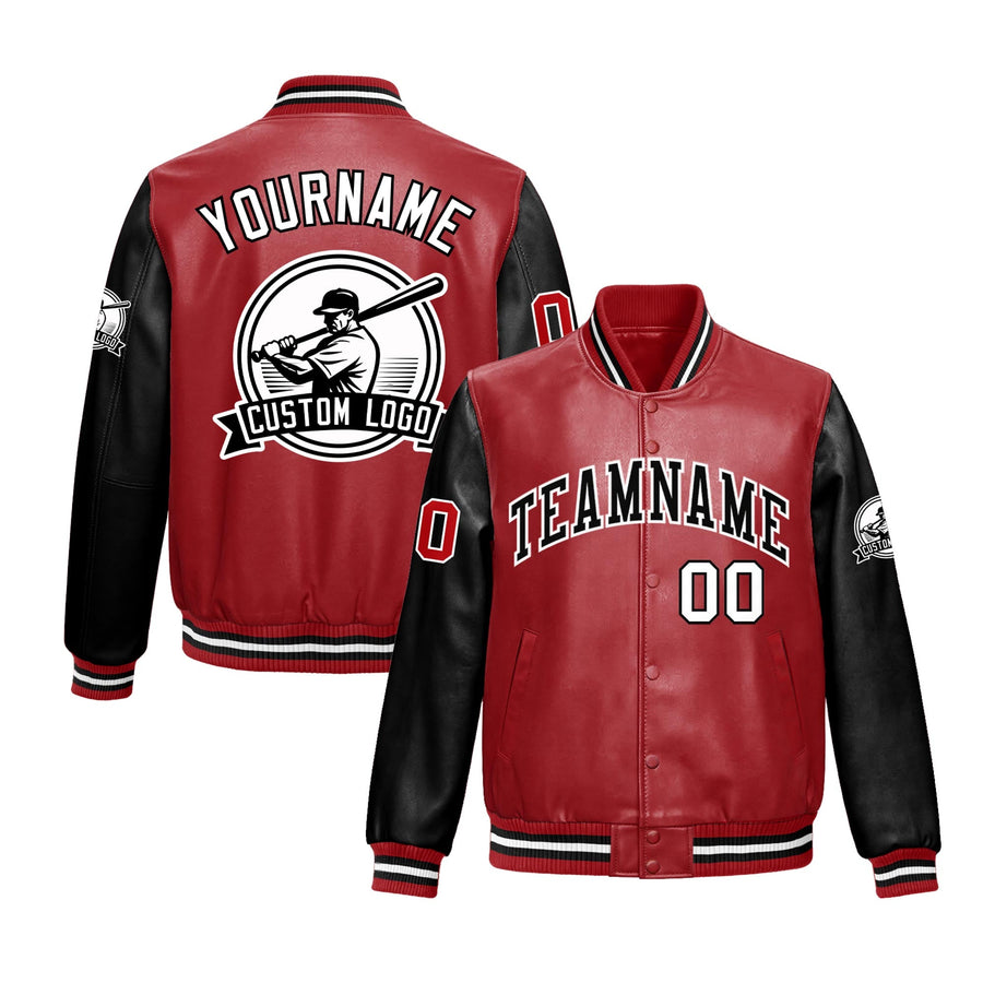 Custom Black Red Raglan Sleeves Full-Snap Faux Leather Letterman Jacket | BuyFootballJersey