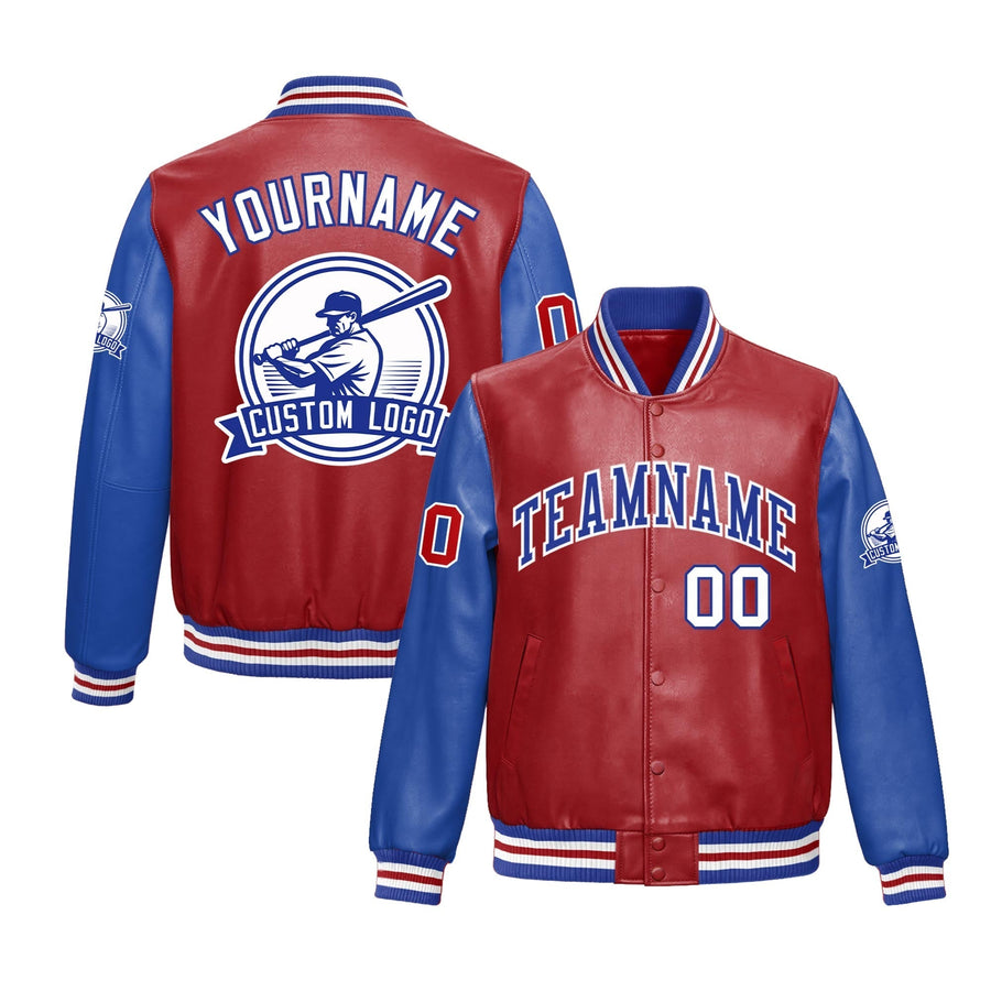 Custom Royal Blue White Raglan Sleeves Full-Snap Faux Leather Letterman Jacket | BuyFootballJersey