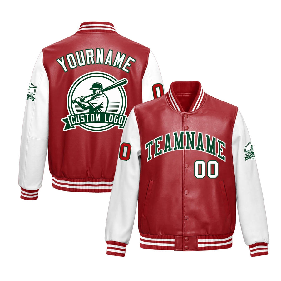 Custom Red White Raglan Sleeves Full-Snap Faux Leather Letterman Jacket | BuyFootballJersey