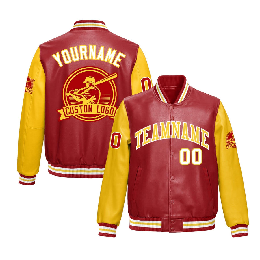 Custom Yellow Red Raglan Sleeves Full-Snap Faux Leather Letterman Jacket | BuyFootballJersey