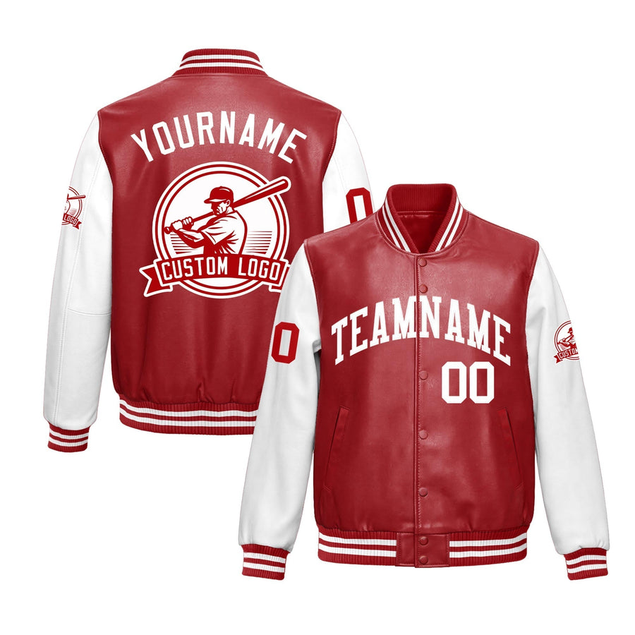 Custom Red White Raglan Sleeves Full-Snap Faux Leather Letterman Jacket | BuyFootballJersey