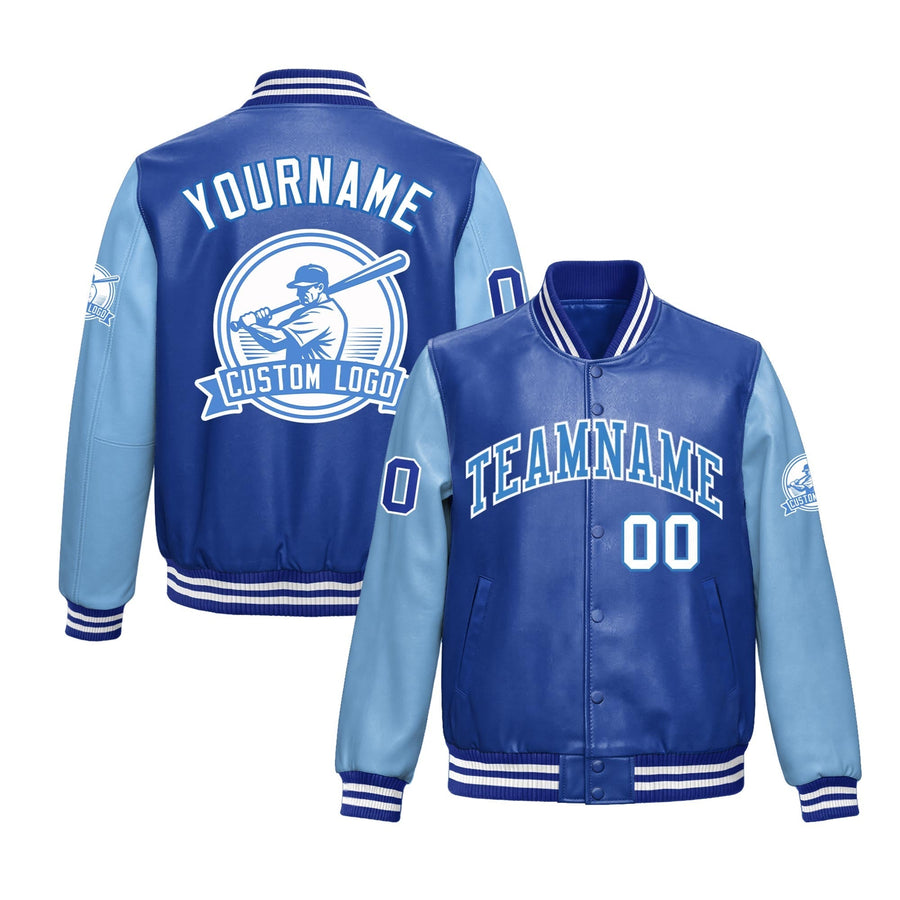 Custom Royal Blue Powder Blue Raglan Sleeves Full-Snap Faux Leather Letterman Jacket | BuyFootballJersey