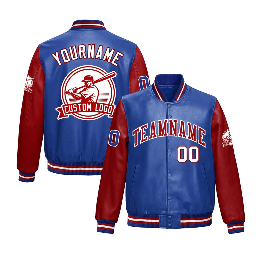Custom Royal Blue Red Raglan Sleeves Full-Snap Faux Leather Letterman Jacket | BuyFootballJersey