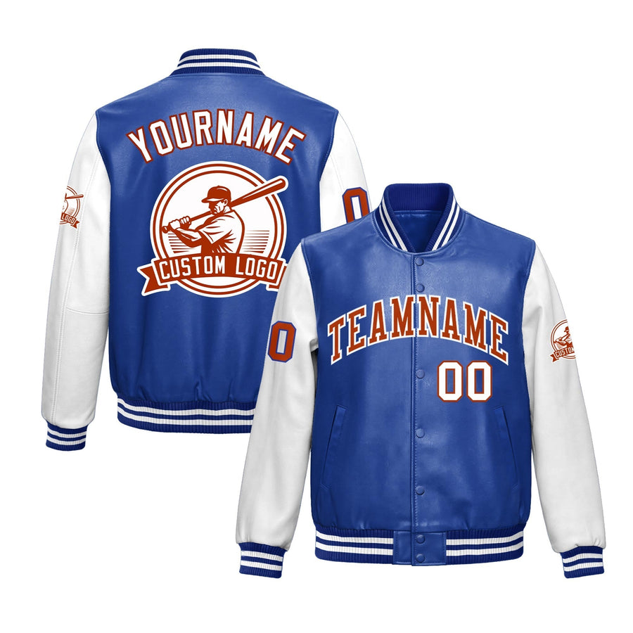 Custom Royal Blue White Raglan Sleeves Full-Snap Faux Leather Letterman Jacket | BuyFootballJersey