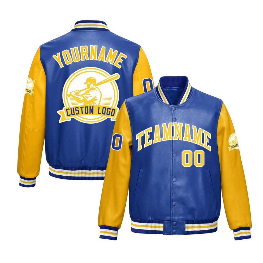 Custom Royal Blue Yellow Raglan Sleeves Full-Snap Faux Leather Letterman Jacket | BuyFootballJersey
