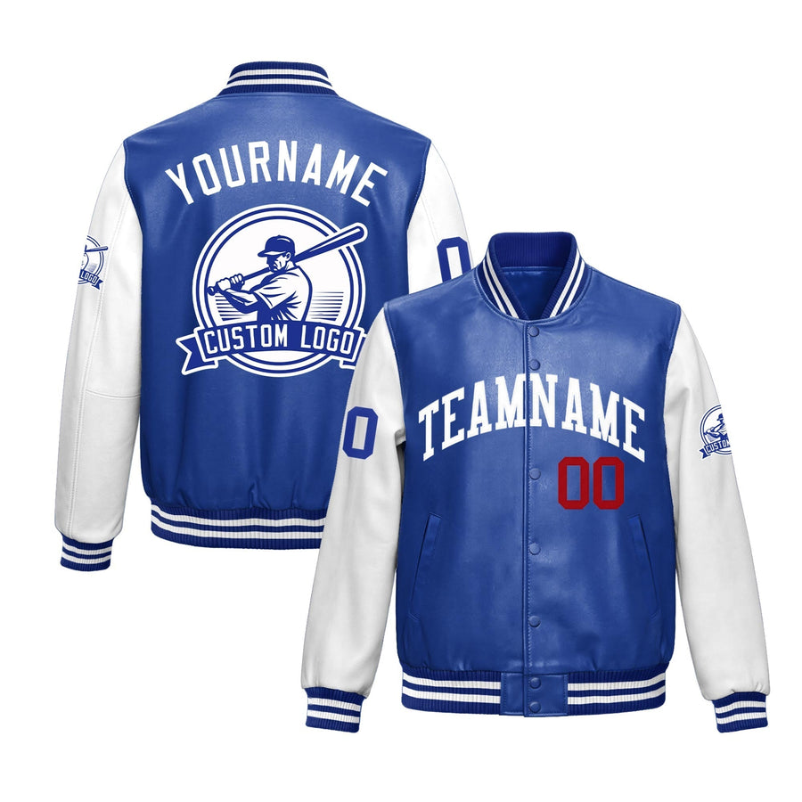 Custom Royal Blue White Raglan Sleeves Full-Snap Faux Leather Letterman Jacket | BuyFootballJersey