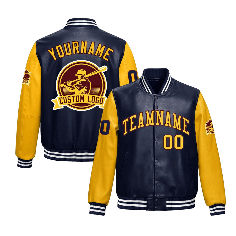 Custom Navy Yellow Raglan Sleeves Full-Snap Faux Leather Letterman Jacket | BuyFootballJersey