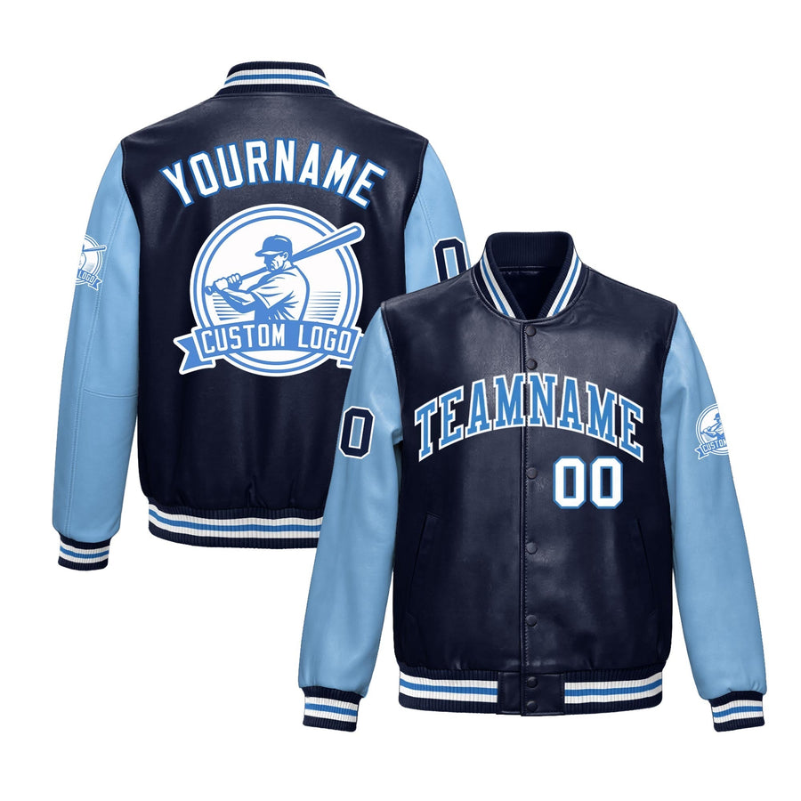 Custom Navy Powder Blue Raglan Sleeves Full-Snap Faux Leather Letterman Jacket | BuyFootballJersey