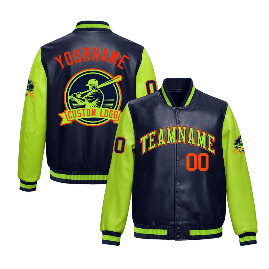 Custom Navy Neon Green Raglan Sleeves Full-Snap Faux Leather Letterman Jacket | BuyFootballJersey