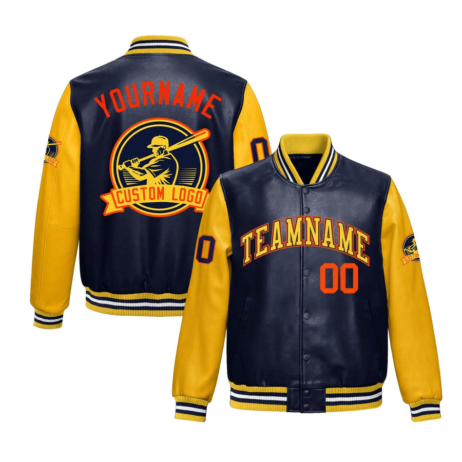 Custom Navy Yellow Raglan Sleeves Full-Snap Faux Leather Letterman Jacket | BuyFootballJersey