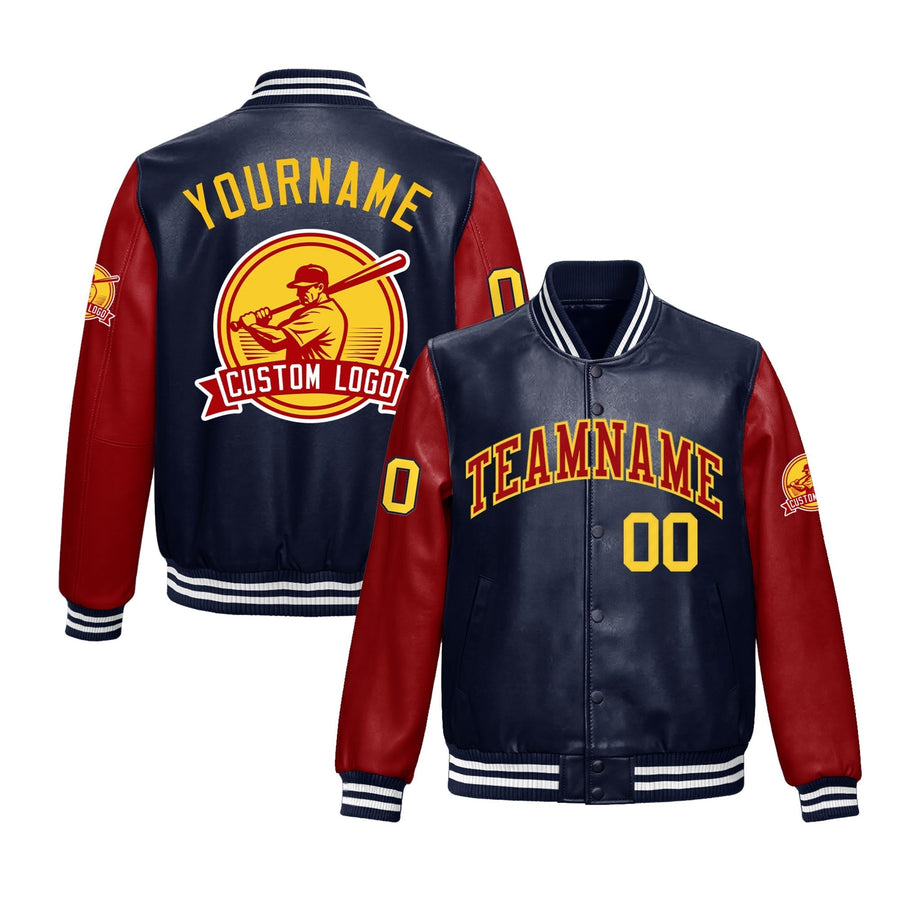 Custom Navy White Raglan Sleeves Full-Snap Faux Leather Letterman Jacket | BuyFootballJersey