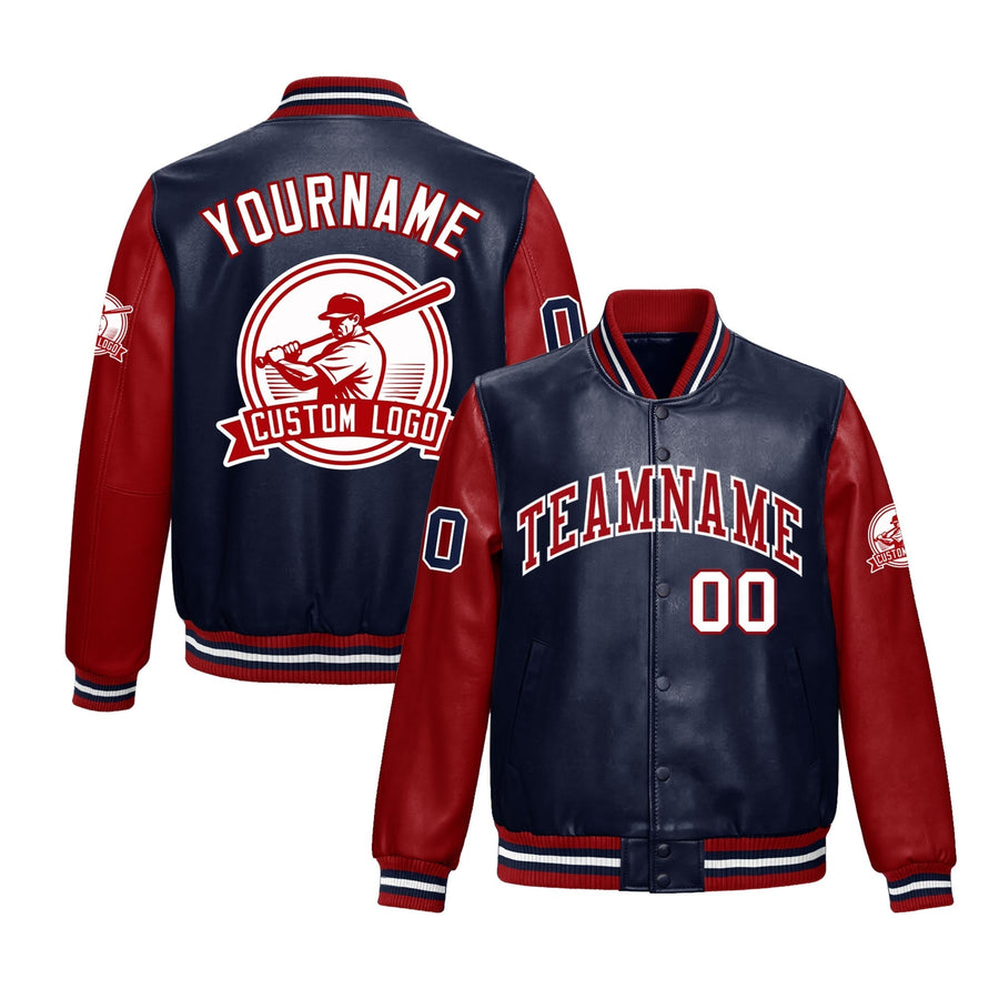 Custom Navy Red Raglan Sleeves Full-Snap Faux Leather Letterman Jacket | BuyFootballJersey