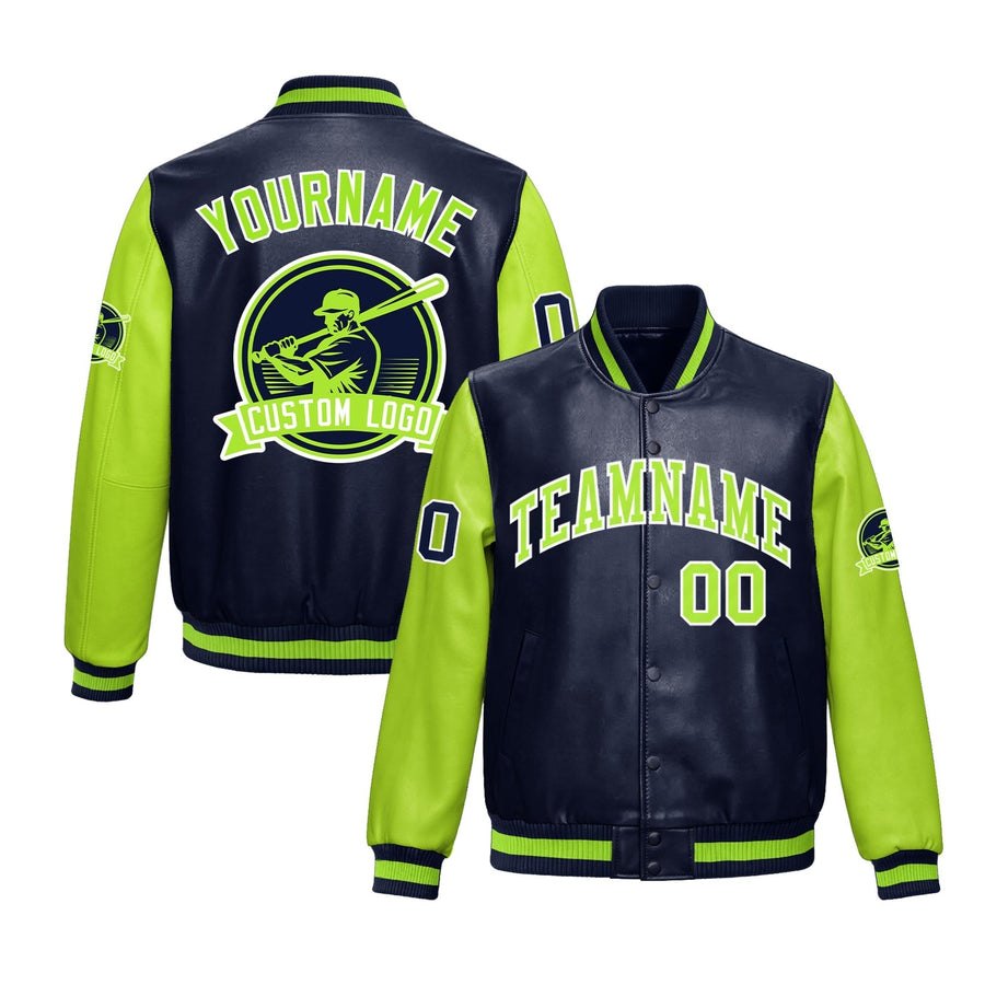 Custom Navy Neon Green Raglan Sleeves Full-Snap Faux Leather Letterman Jacket | BuyFootballJersey