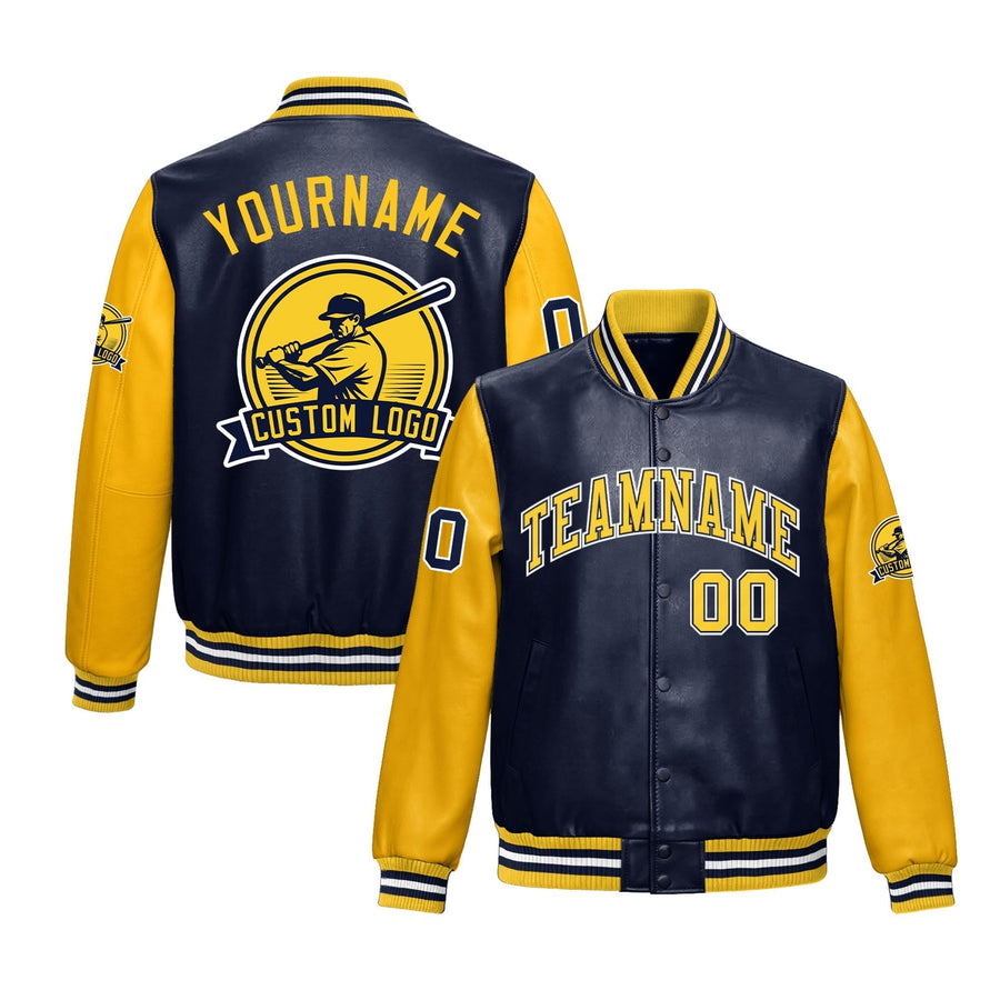 Custom Navy Yellow Raglan Sleeves Full-Snap Faux Leather Letterman Jacket | BuyFootballJersey