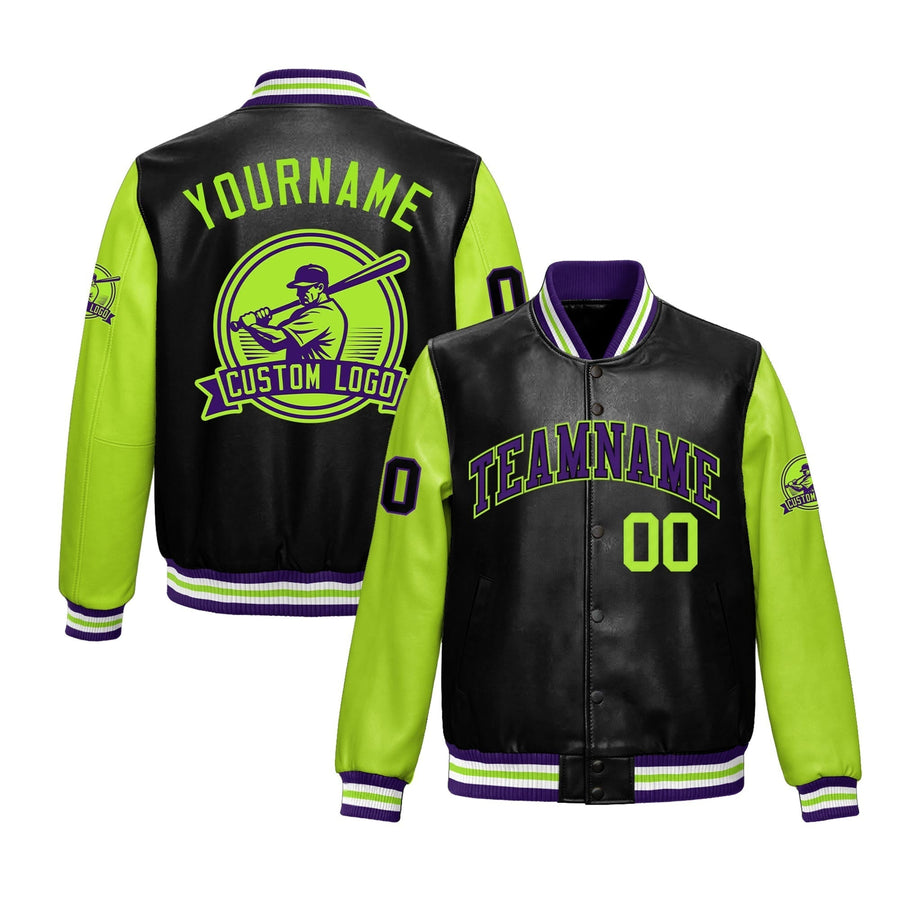 Custom Black Neon Green Raglan Sleeves Full-Snap Faux Leather Letterman Jacket | BuyFootballJersey